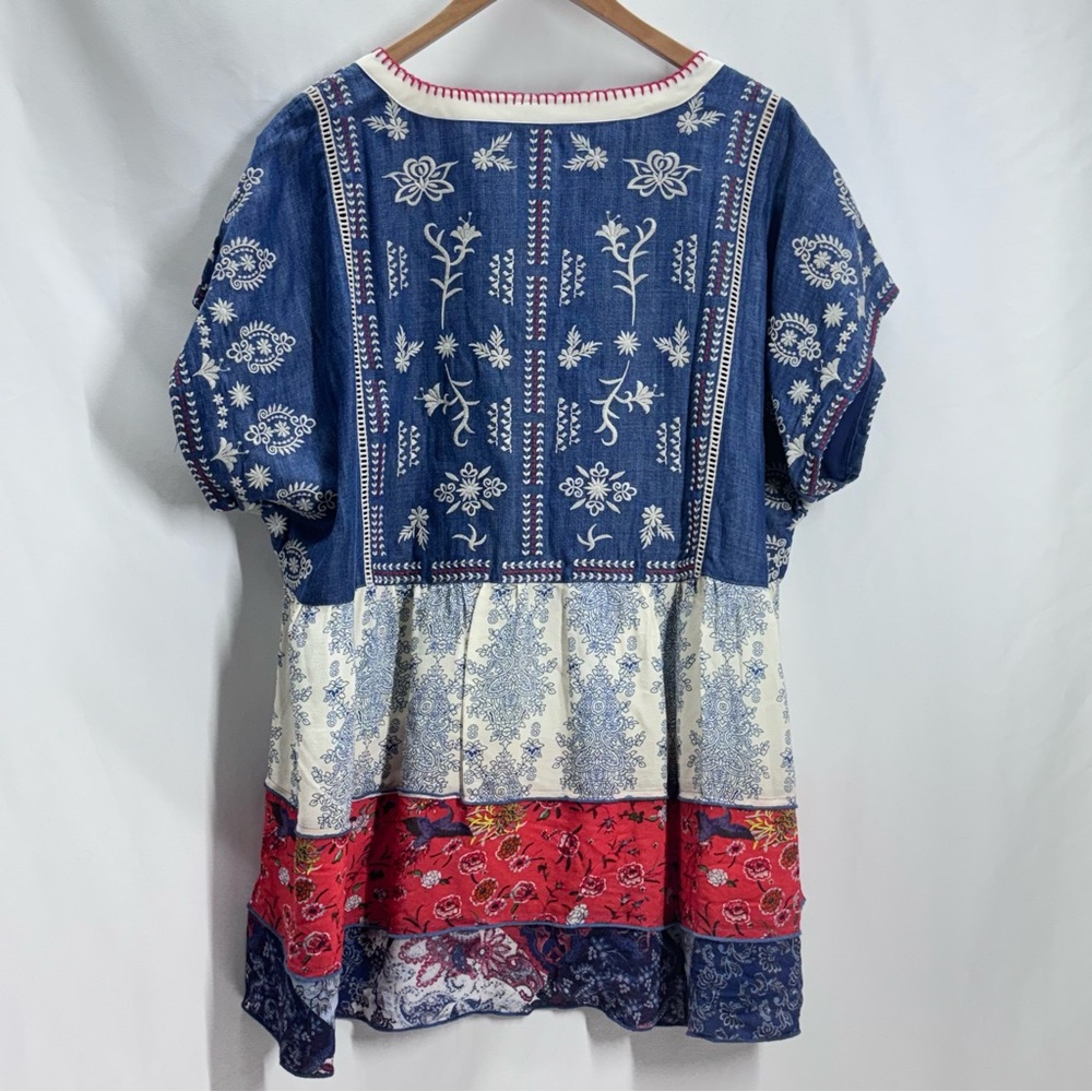John Mark Embroidered Peasant Top Blue Red Loose Fit Dopamine Cotton XL - Picture 2 of 12